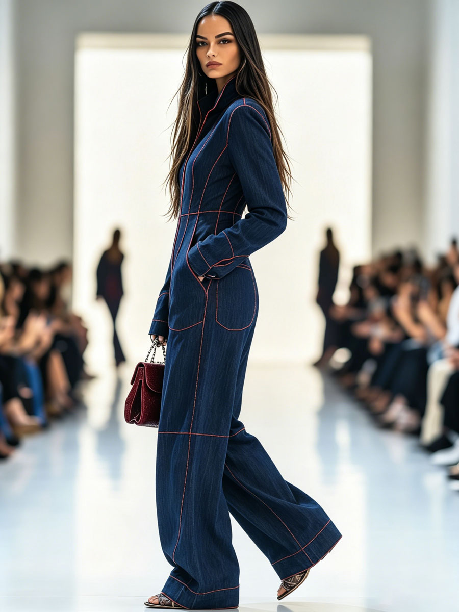 Marisol | Women's Red Denim Wide-Leg Jumpsuit