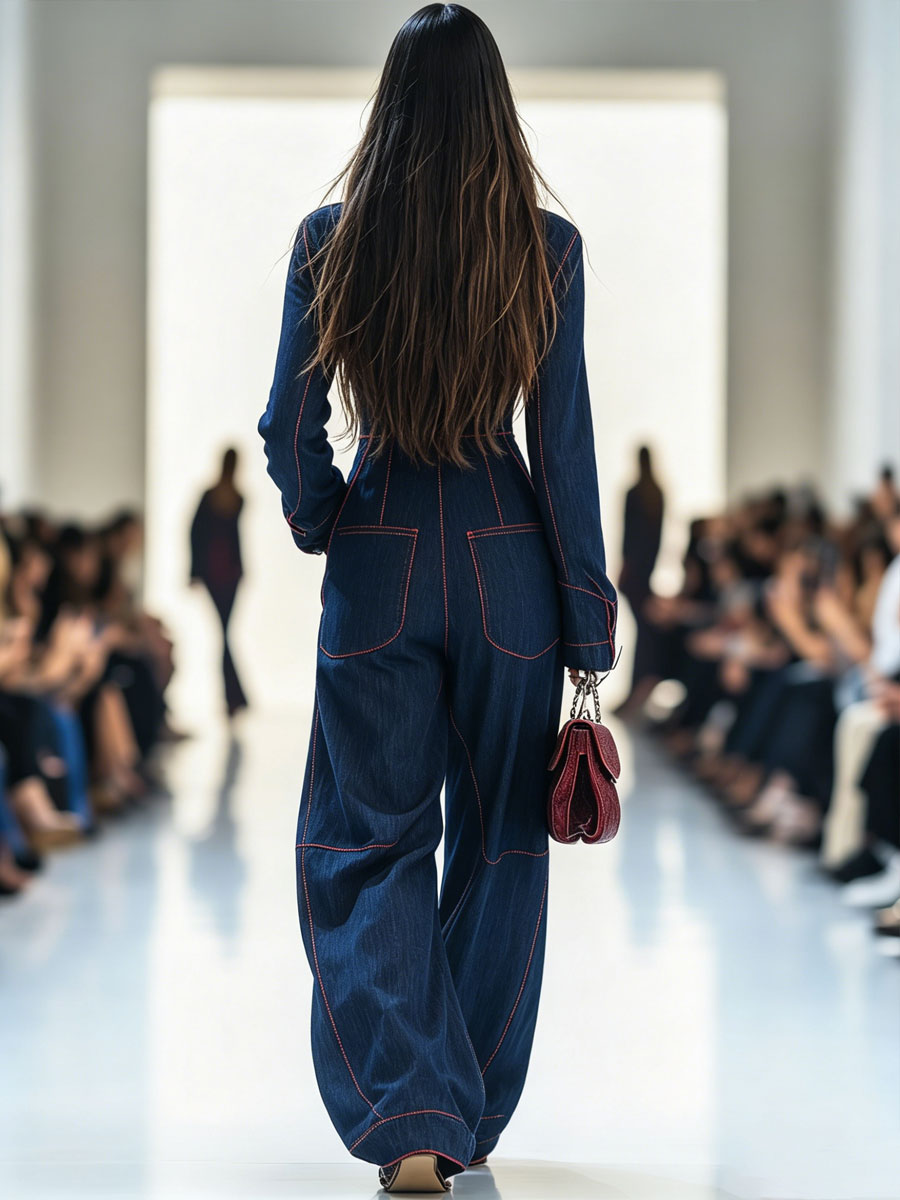 Marisol | Women's Red Denim Wide-Leg Jumpsuit