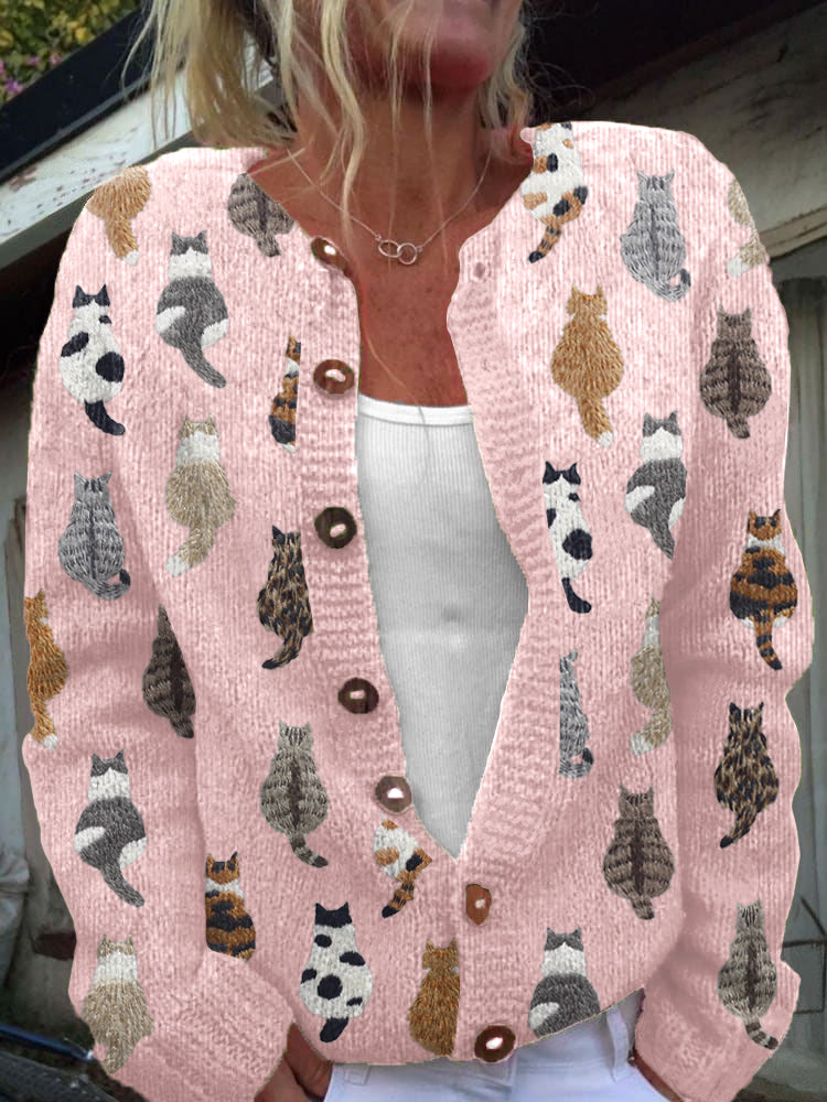 Charlotte | Women's Cat Print Button-Front Knit Cardigan
