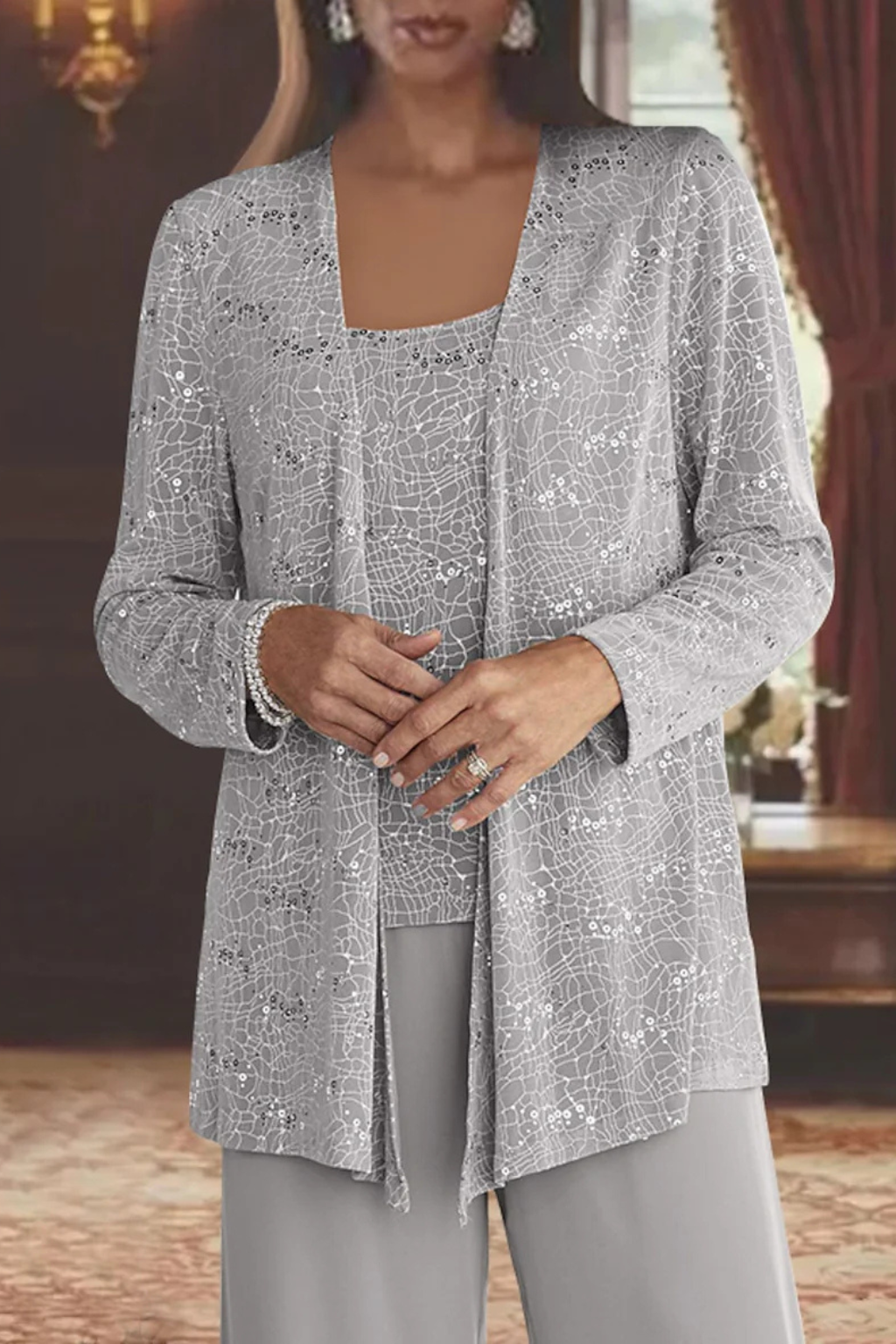 Miriam | Women's Sequin Lace Jacket Three Piece Wide Leg Trouser Suit
