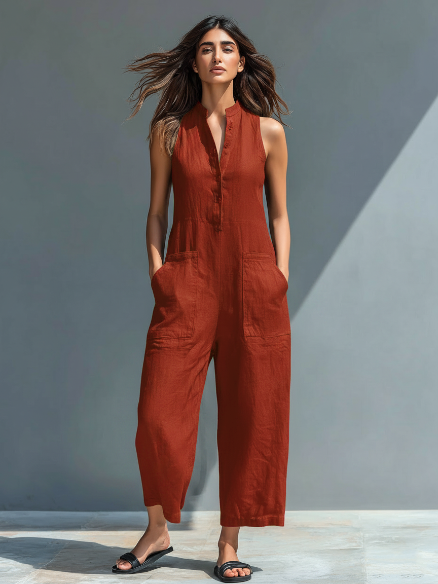 Elena | Women's Minimalist Linen Blend Sleeveless Jumpsuit