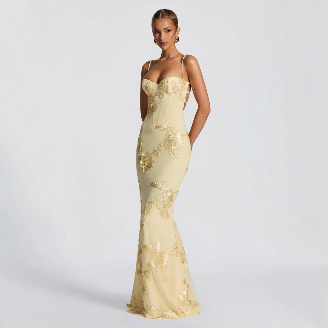 Aelara | Women's Floral Embellished Maxi Wedding Guest Dress