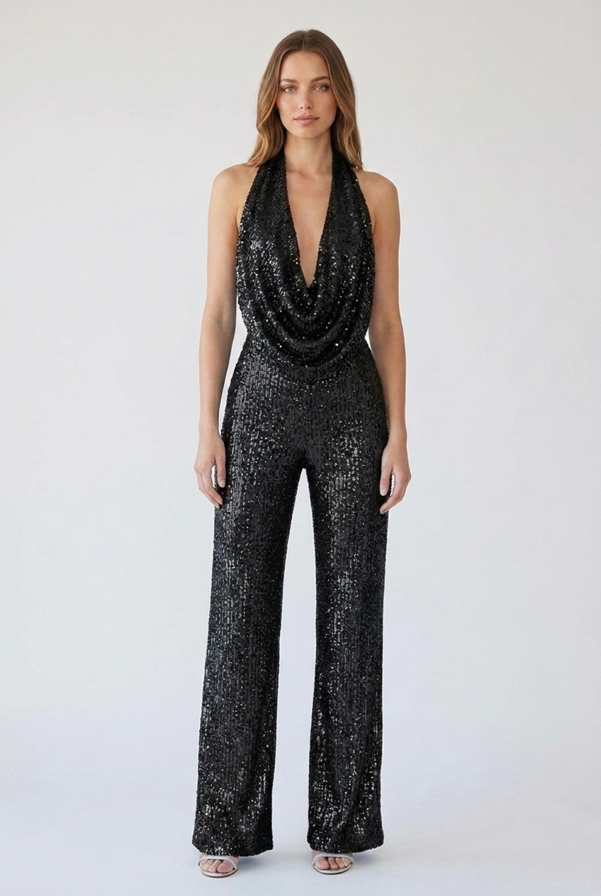 Ottoline | Women's Sequin Halter Cowl-Neck Wide-Leg Jumpsuit