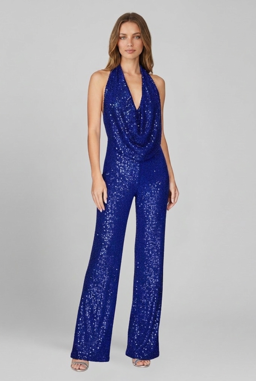 Ottoline | Women's Sequin Halter Cowl-Neck Wide-Leg Jumpsuit