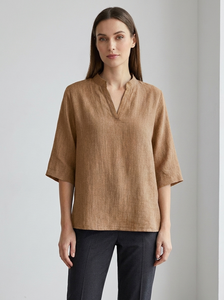 Estelle | Women's Linen V-Neck Three-Quarter Sleeve Tunic Blouse