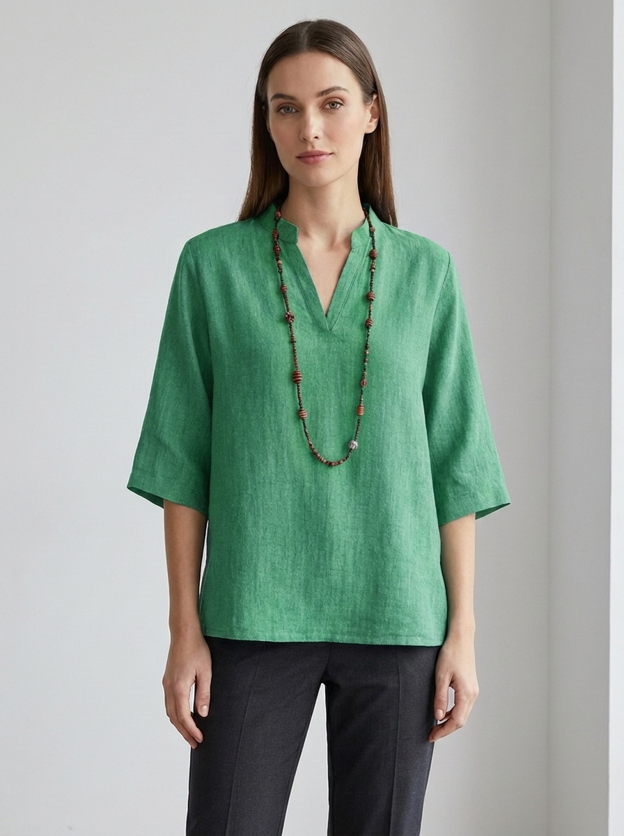 Estelle | Women's Linen V-Neck Three-Quarter Sleeve Tunic Blouse