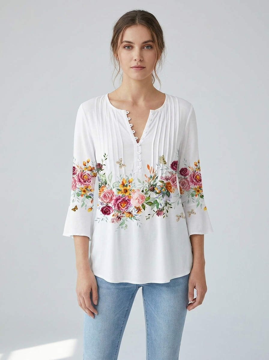 Honorine | Women's Floral Long-Sleeve Relaxed Henley Blouse