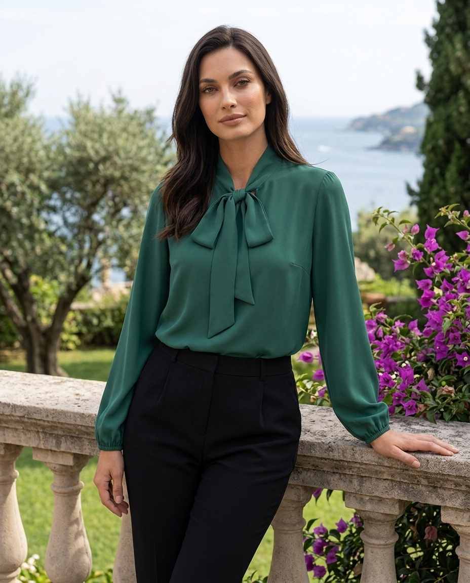Apolline | Women's Relaxed Bow-Tie Neck Long-Sleeve Blouse
