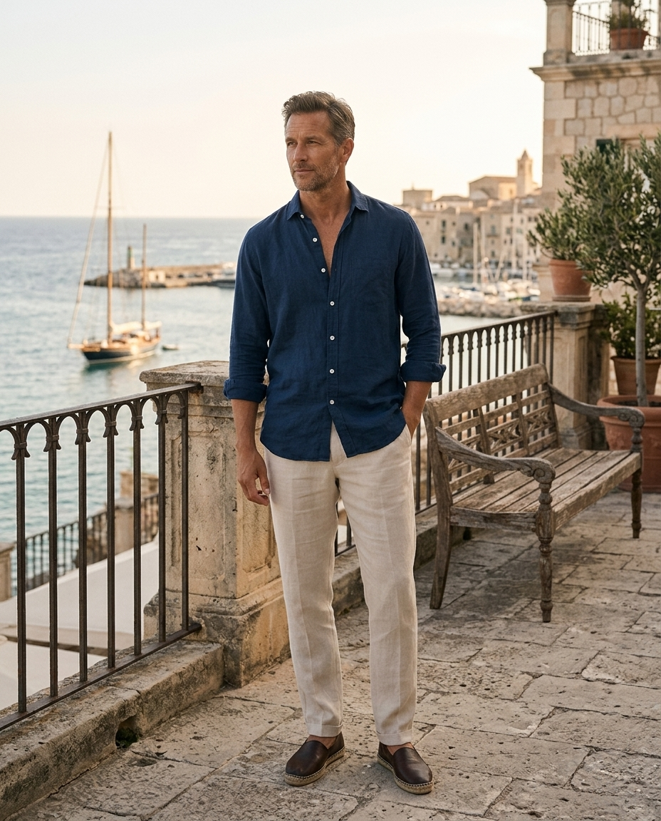 Alaric | Men's Linen Open-Collar Long-Sleeve Shirt