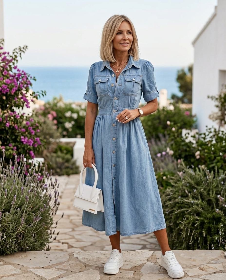 Emmeline | Women's Denim Button-Up Short Sleeve Midi Dress
