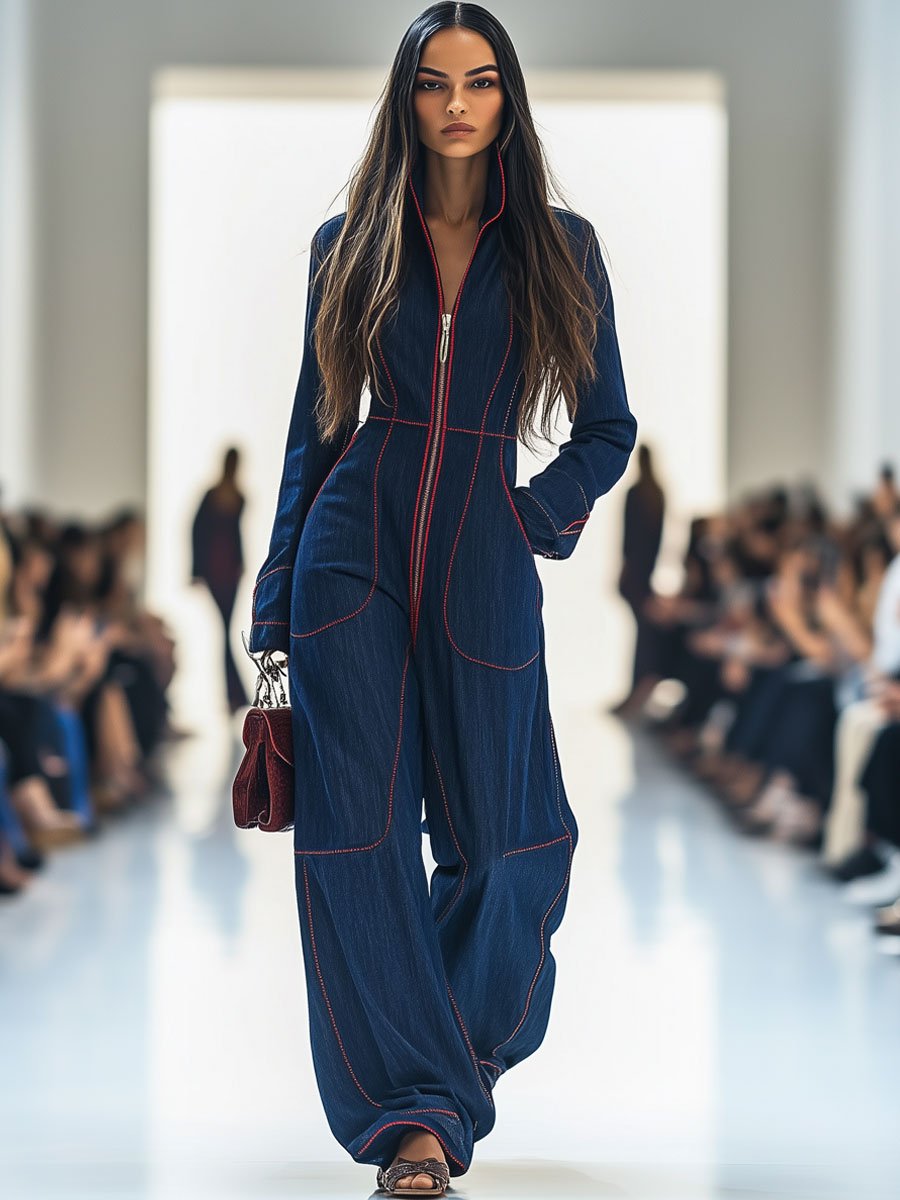 Marisol | Women's Red Denim Wide-Leg Jumpsuit
