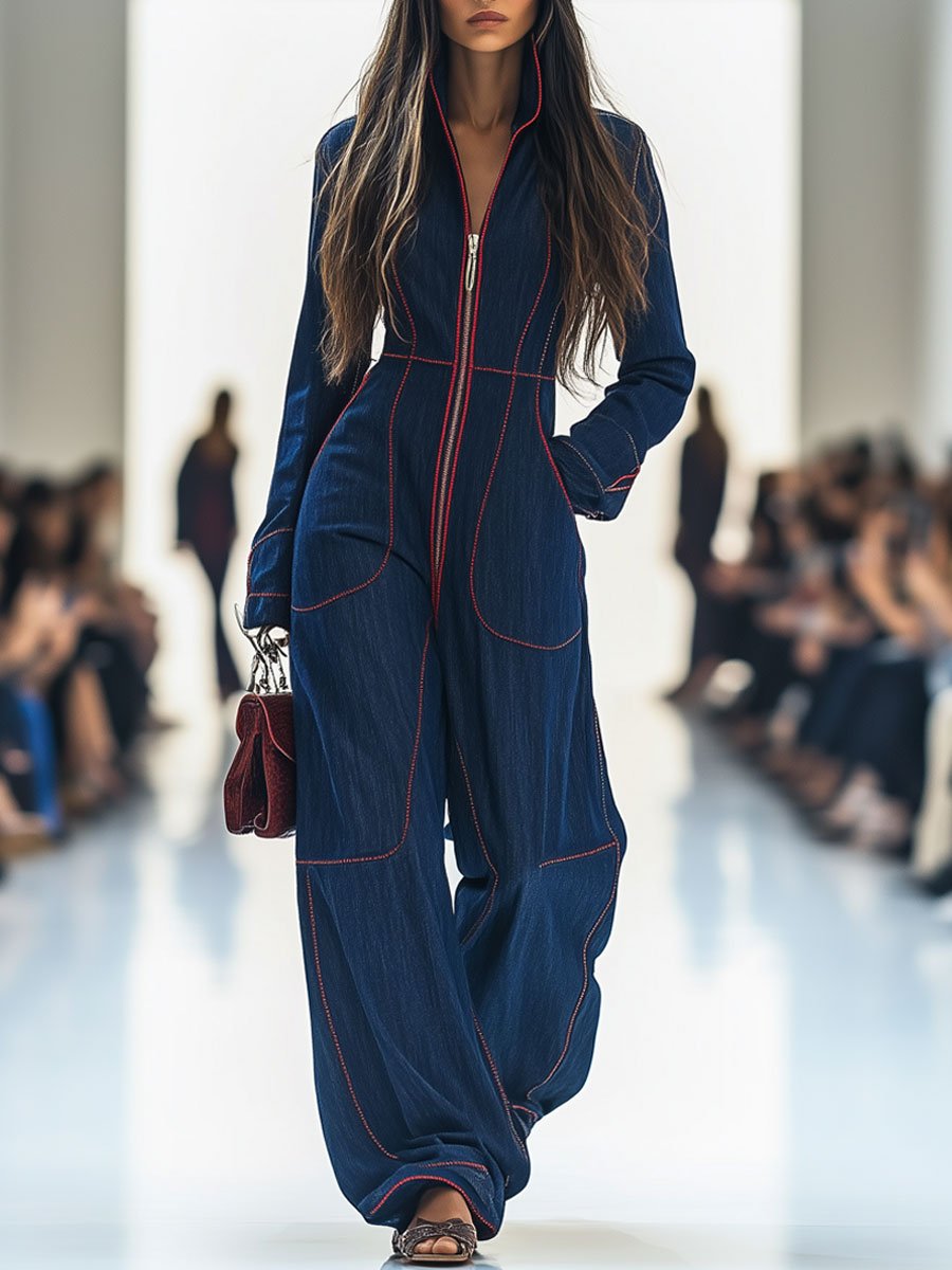 Marisol | Women's Red Denim Wide-Leg Jumpsuit