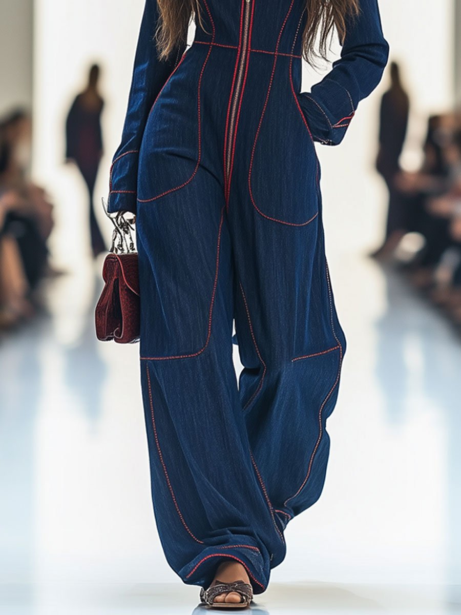 Marisol | Women's Red Denim Wide-Leg Jumpsuit