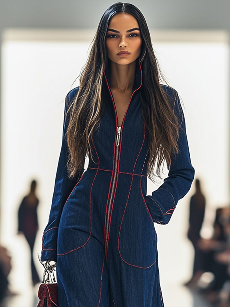 Marisol | Women's Red Denim Wide-Leg Jumpsuit