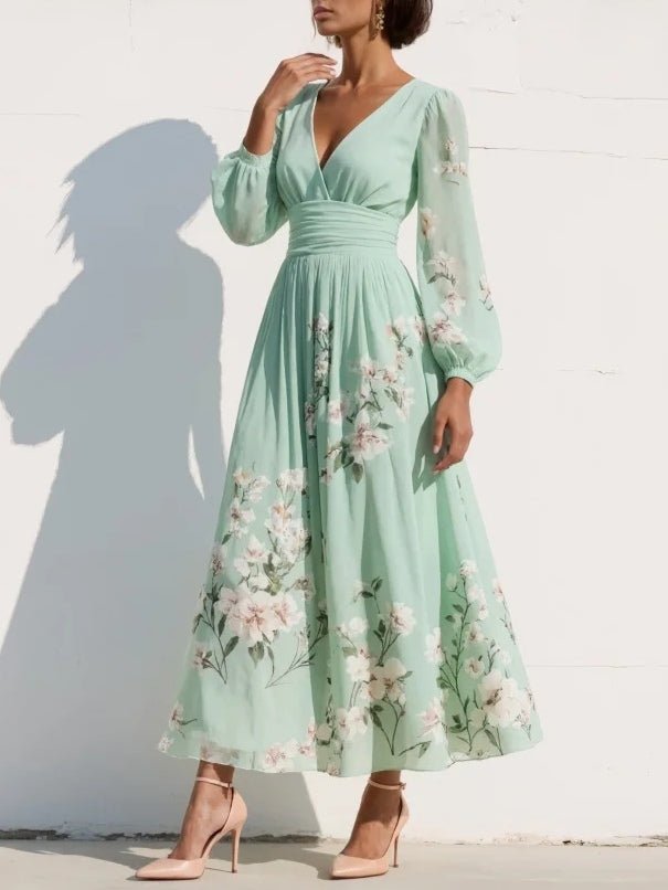 Freya | Women's Floral V-Neck Balloon-Sleeve Midi Dress