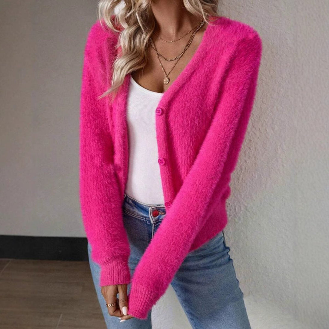Rosie | Women's Fluffy V-Neck Button-Front Knit Cardigan