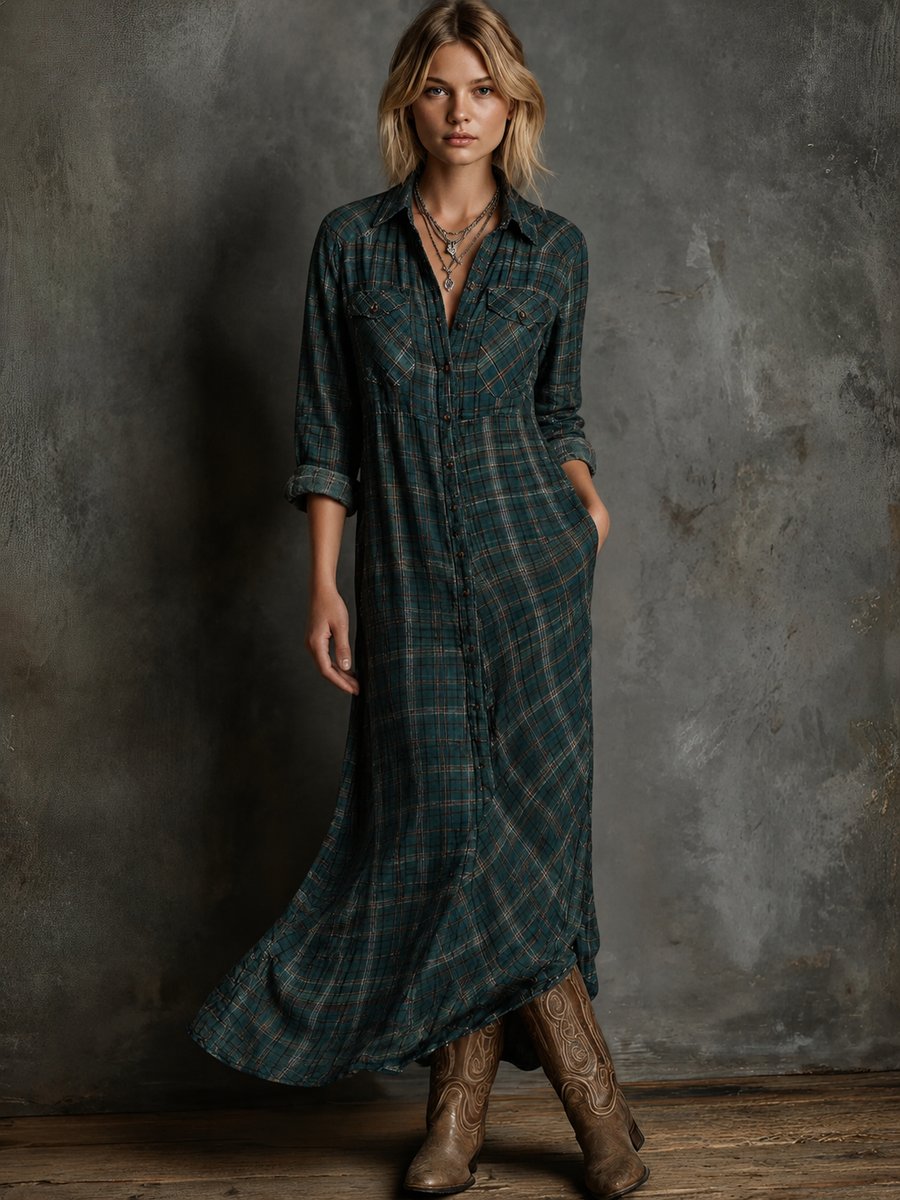 Grace | Women's Plaid Flannel Long Sleeve Maxi Shirtdress