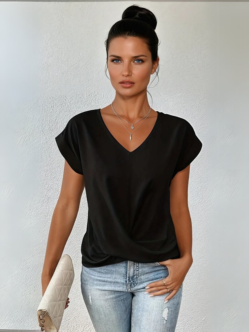 Phoebe | Women's Satin Twist-Front V-Neck Short-Sleeve Top