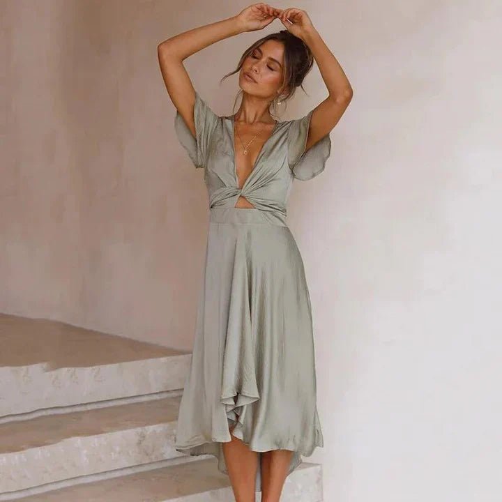 Mia | Women's Satin V-Neck Flutter-Sleeve Midi Dress