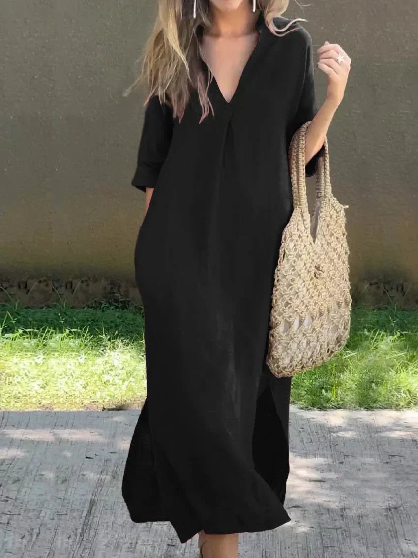 Annelise | Women's Relaxed V-Neck Linen Blend Maxi Dress