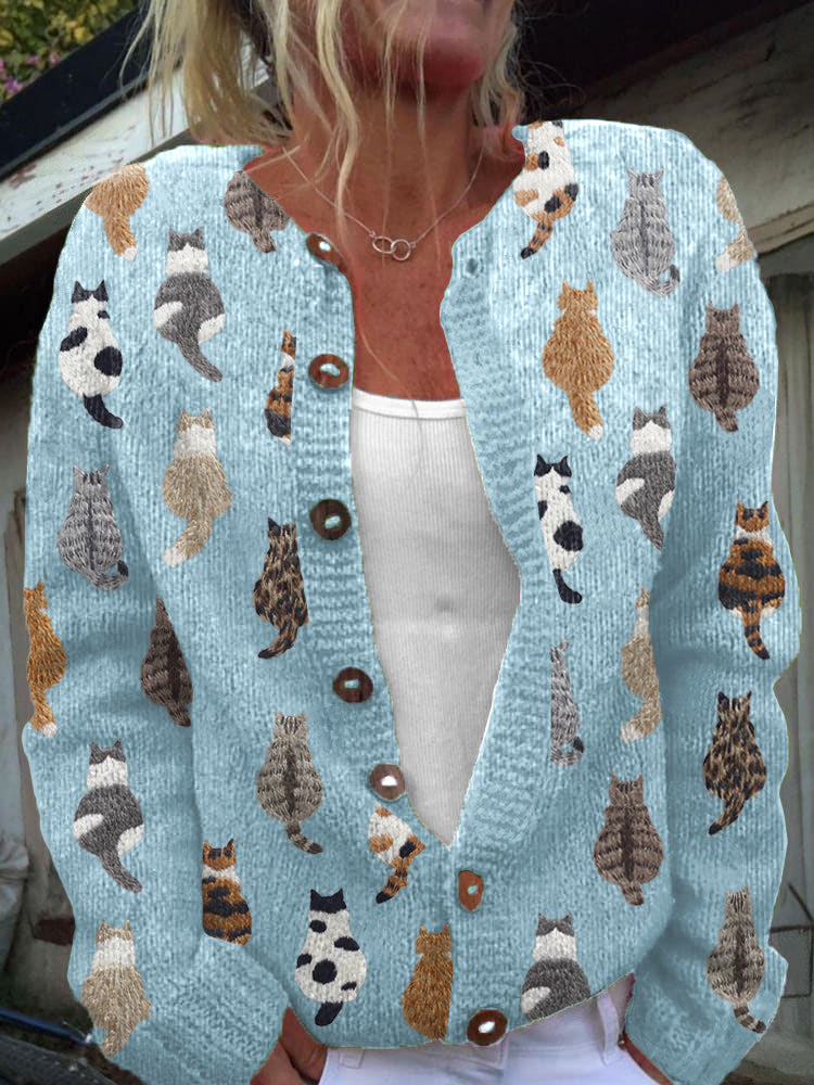 Charlotte | Women's Cat Print Button-Front Knit Cardigan