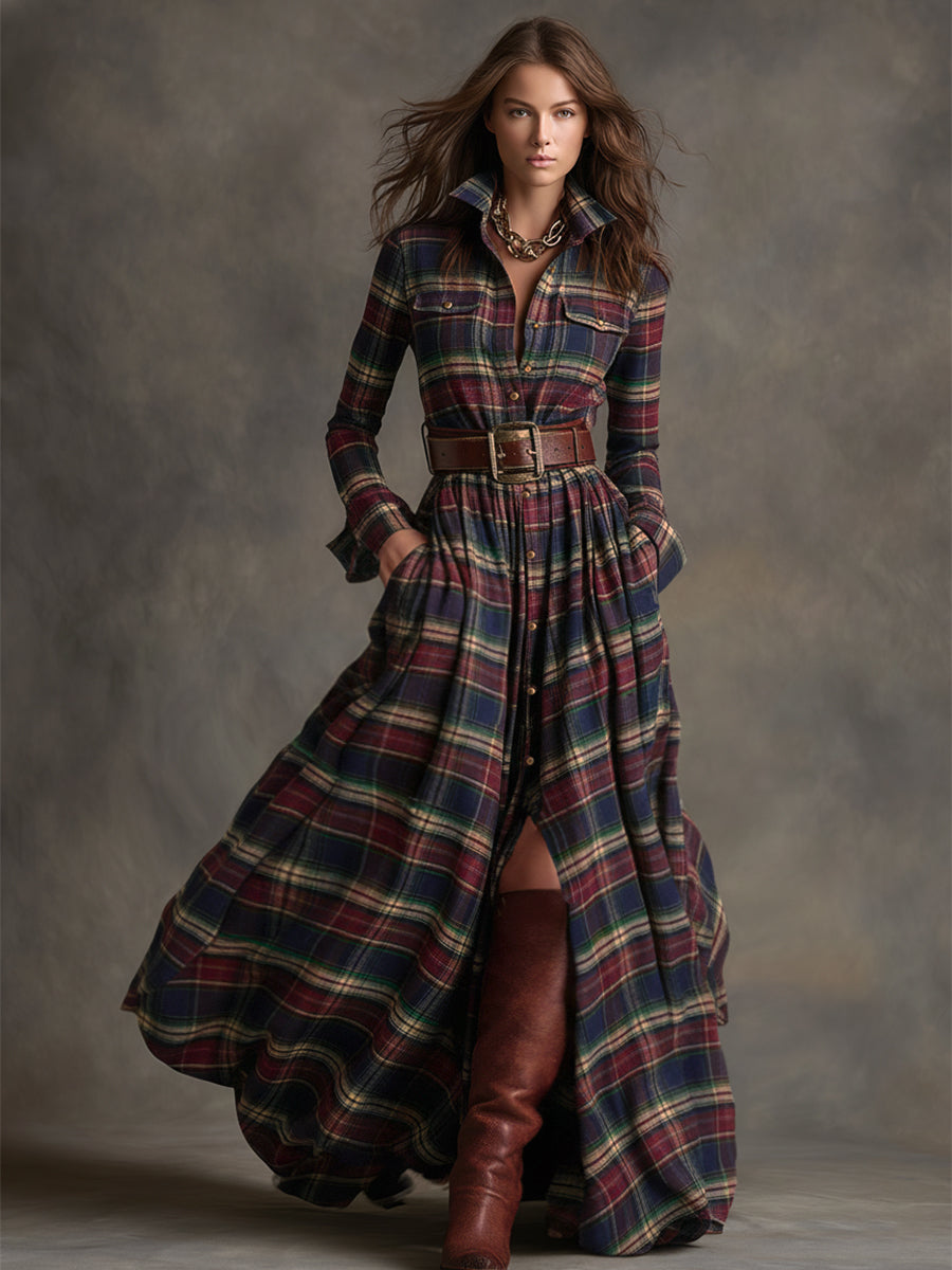 Johanna | Women's Retro Plaid Lapel Maxi Dress