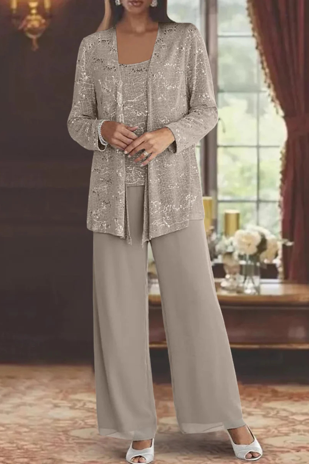Miriam | Women's Sequin Lace Jacket Three Piece Wide Leg Trouser Suit