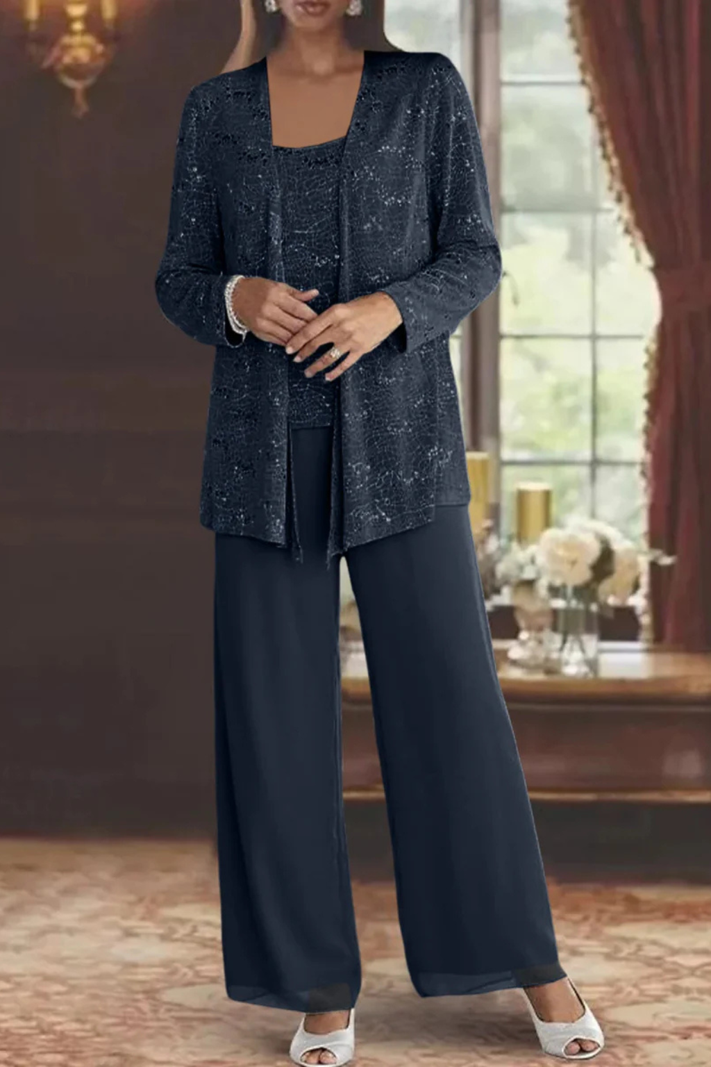 Miriam | Women's Sequin Lace Jacket Three Piece Wide Leg Trouser Suit