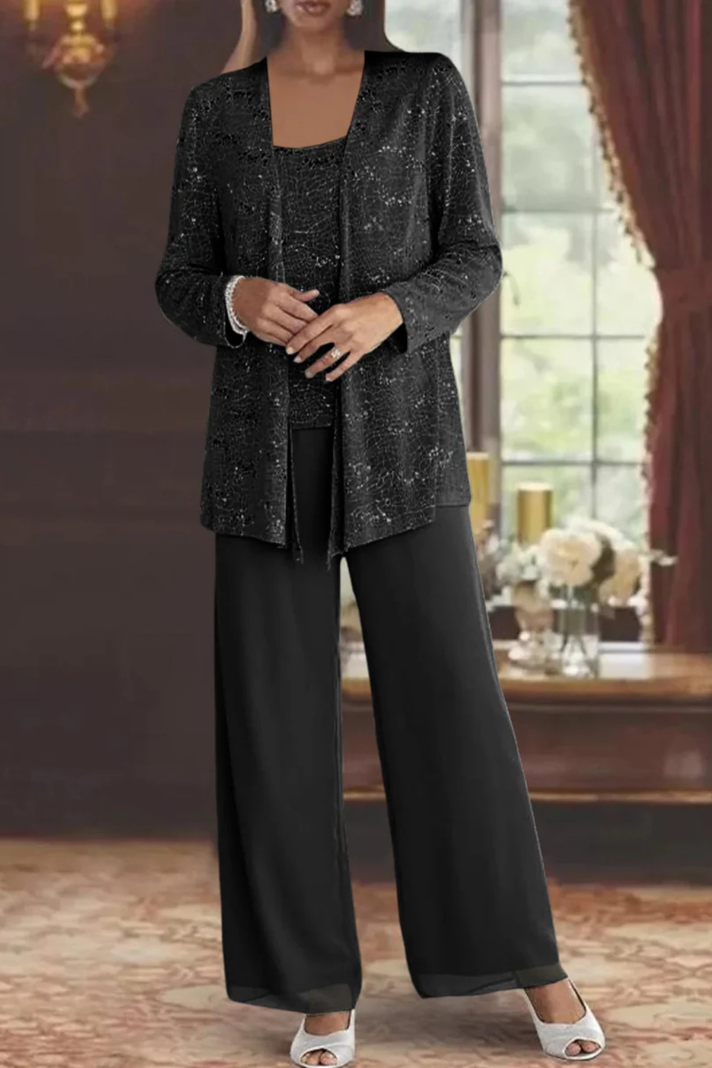 Miriam | Women's Sequin Lace Jacket Three Piece Wide Leg Trouser Suit