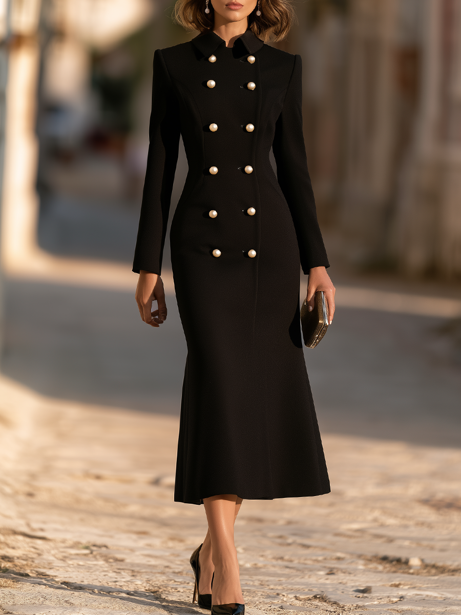 Hazel | Women's Double-Breasted Pearl-Button Fishtail Midi Dress