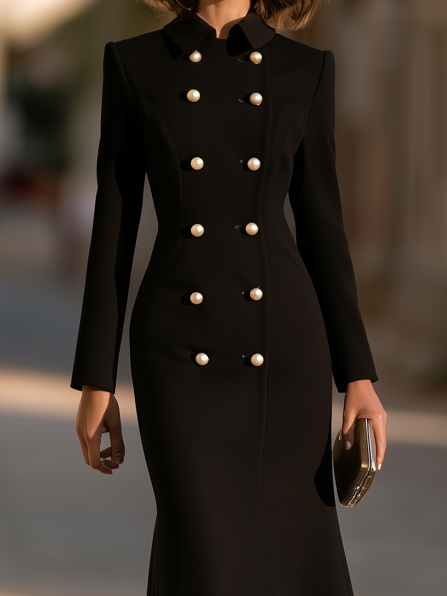 Hazel | Women's Double-Breasted Pearl-Button Fishtail Midi Dress