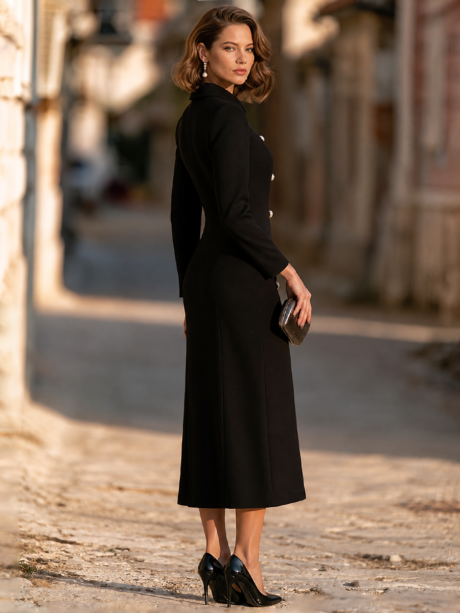 Hazel | Women's Double-Breasted Pearl-Button Fishtail Midi Dress