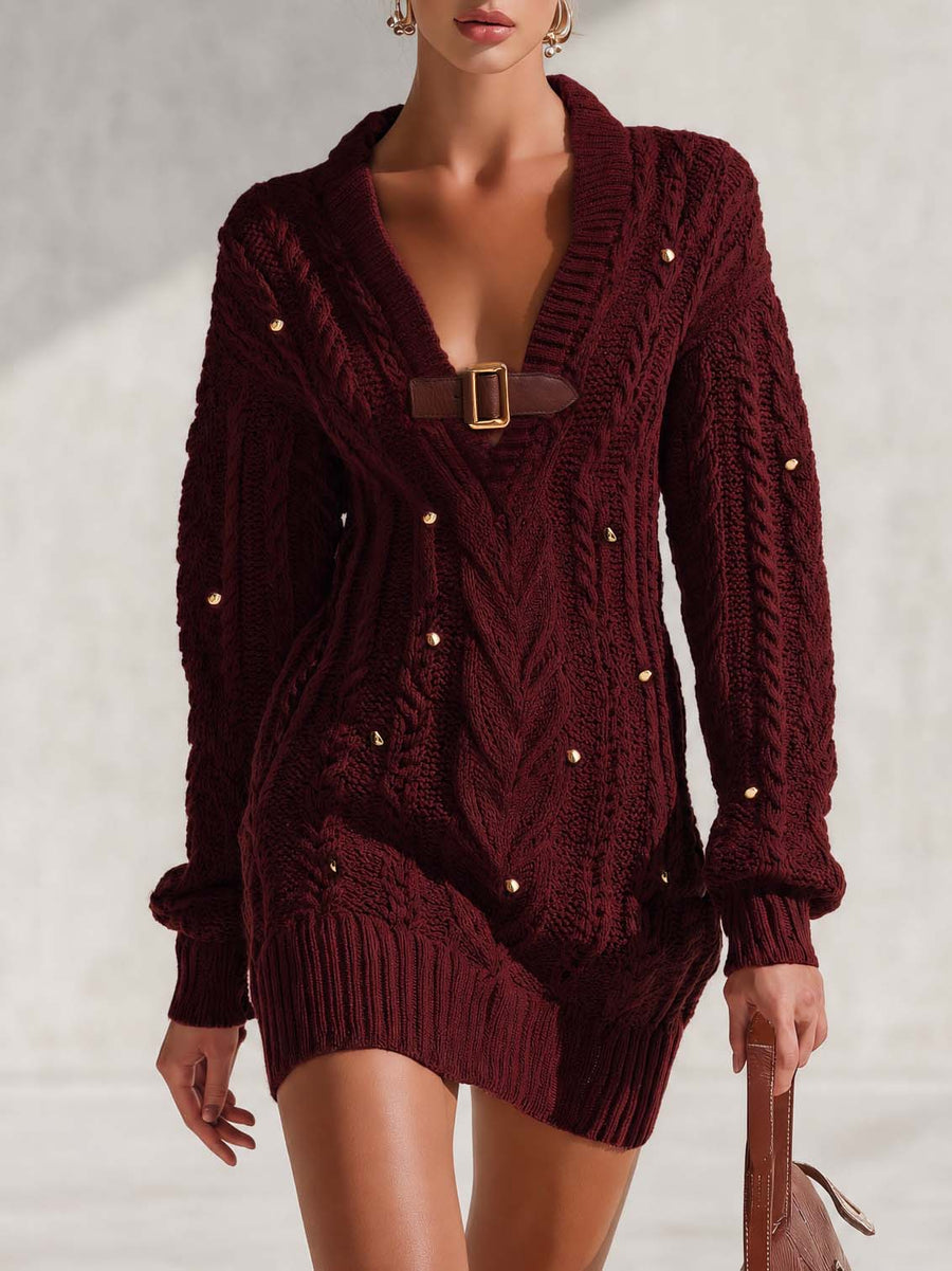 Miriam | Women's Burgundy Cable-Knit Buckle Mini Dress
