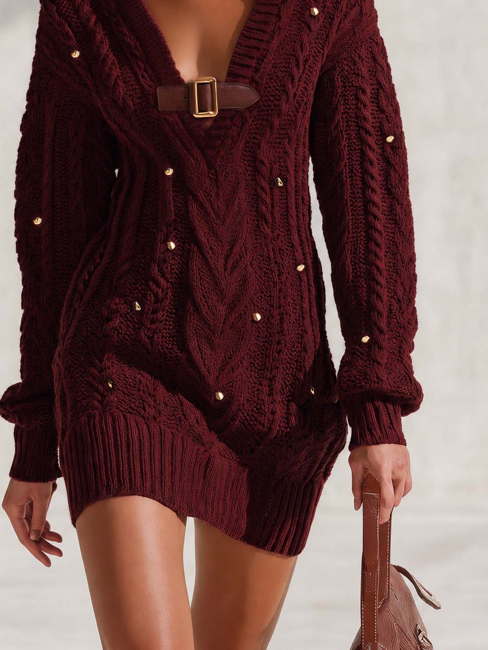 Miriam | Women's Burgundy Cable-Knit Buckle Mini Dress