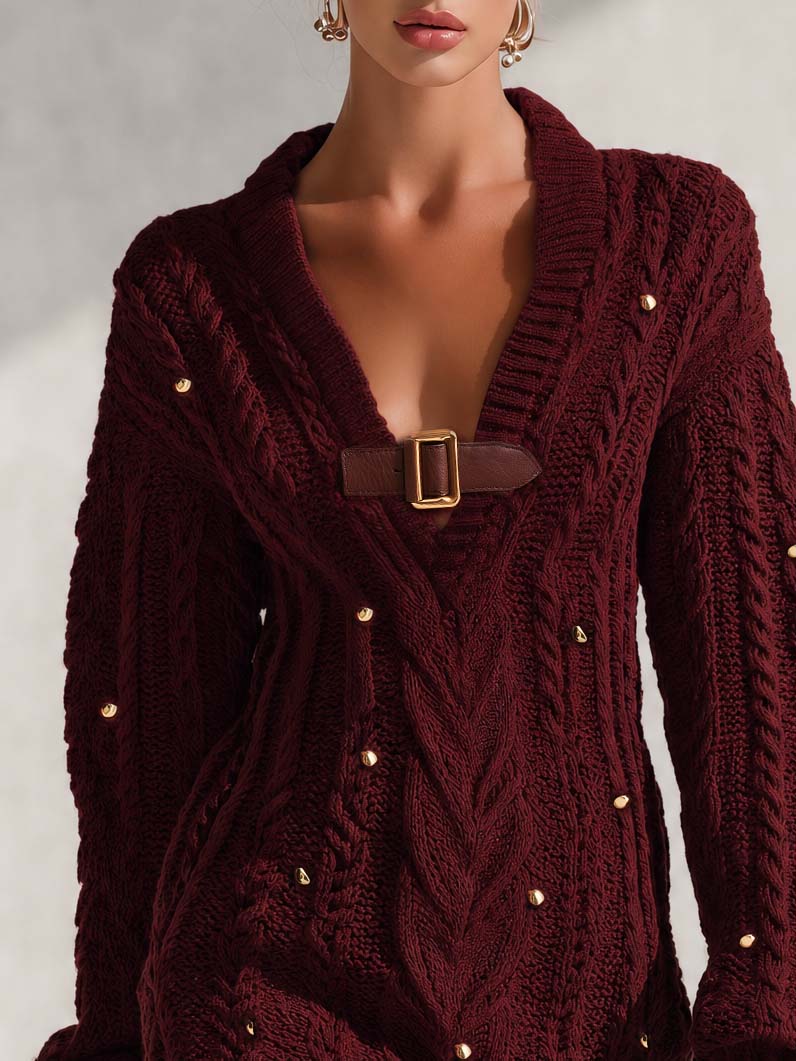 Miriam | Women's Burgundy Cable-Knit Buckle Mini Dress