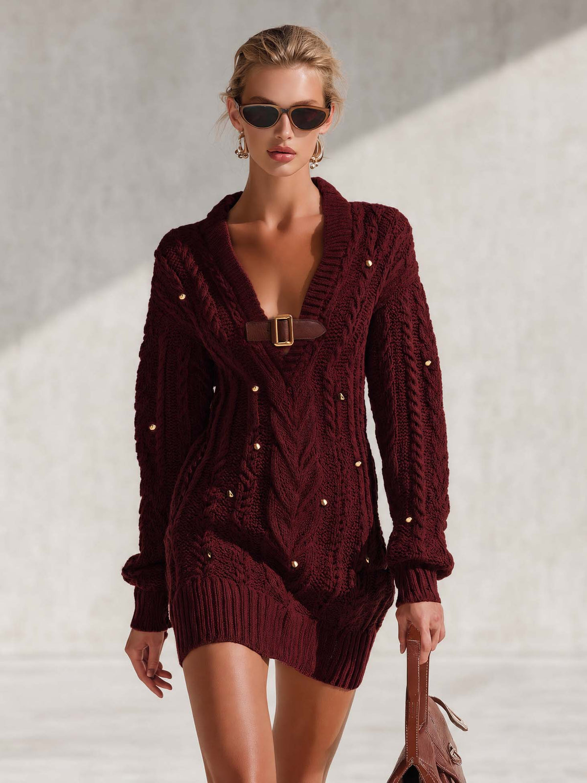 Miriam | Women's Burgundy Cable-Knit Buckle Mini Dress