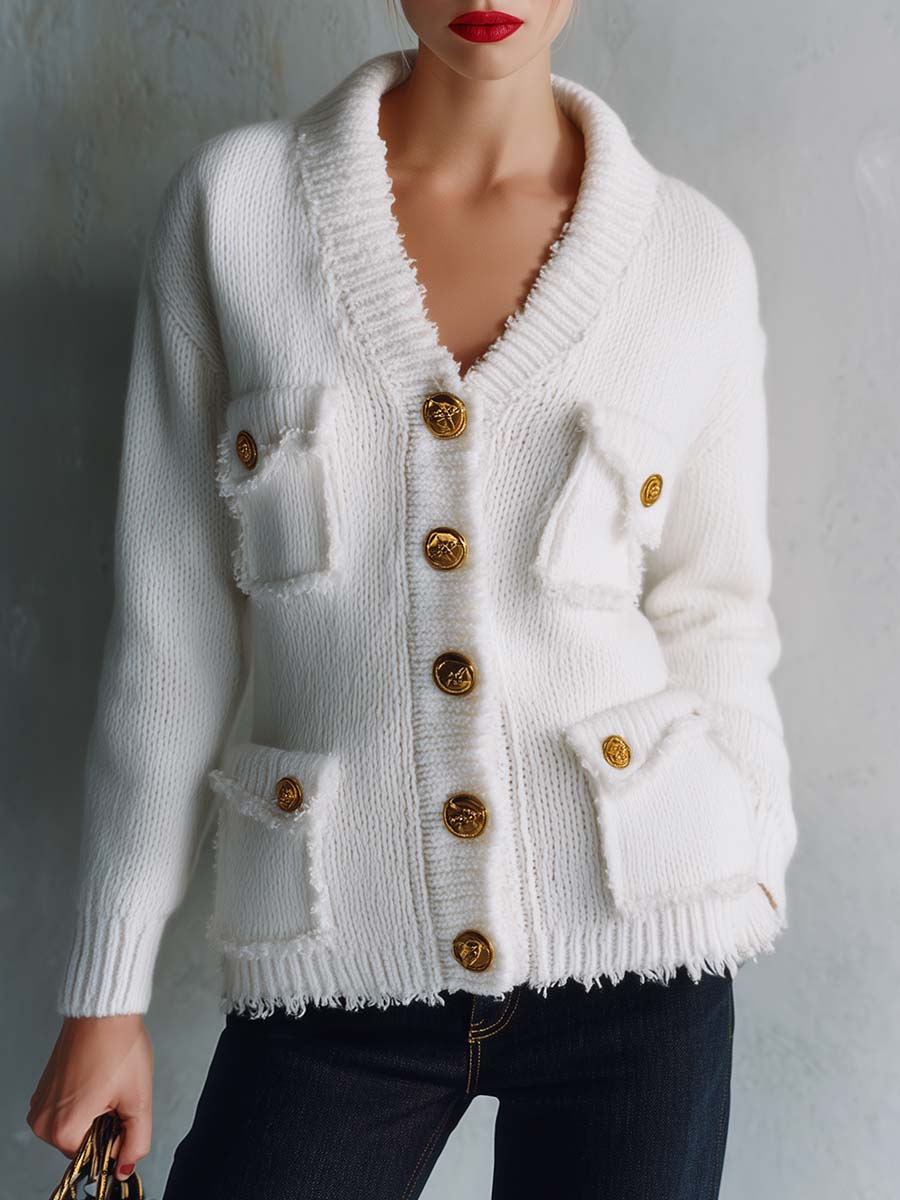 Nadine | Women's Vintage V-Neck Multi-Pocket Knit Cardigan
