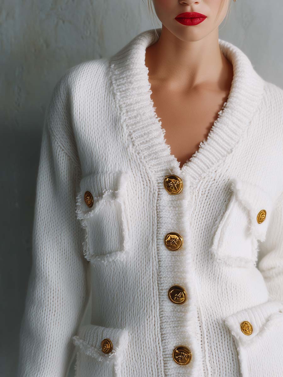 Nadine | Women's Vintage V-Neck Multi-Pocket Knit Cardigan