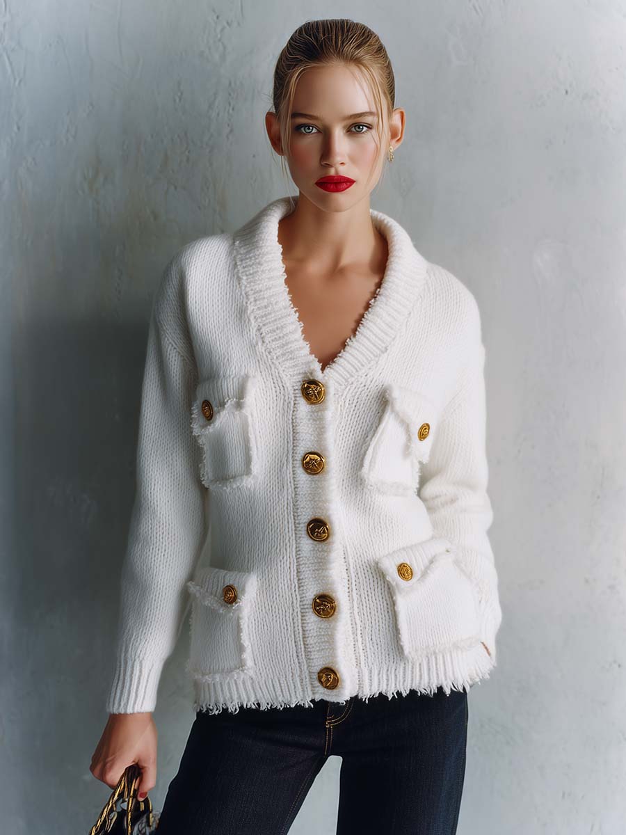 Nadine | Women's Vintage V-Neck Multi-Pocket Knit Cardigan