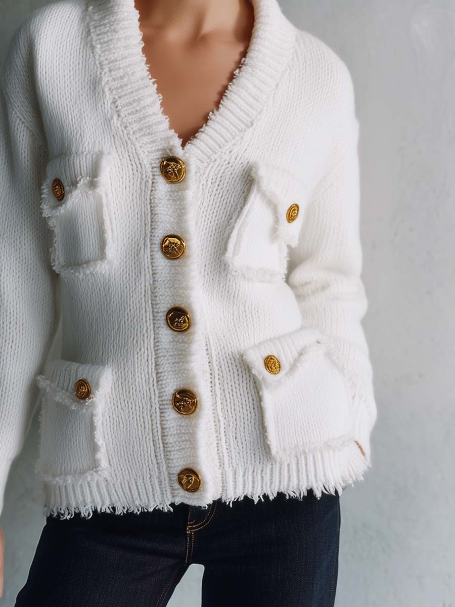 Nadine | Women's Vintage V-Neck Multi-Pocket Knit Cardigan