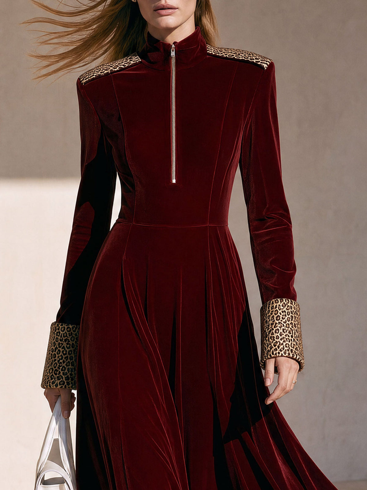 Odessa | Women's Half-Zip Leopard Patchwork Velvet Maxi Dress