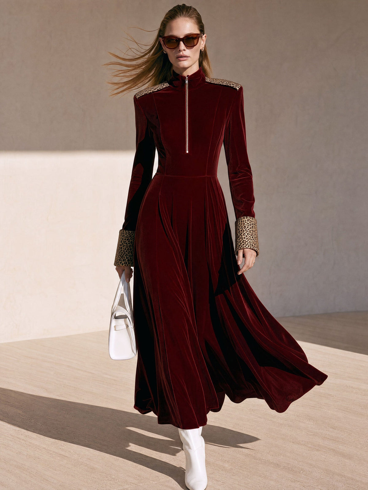 Odessa | Women's Half-Zip Leopard Patchwork Velvet Maxi Dress