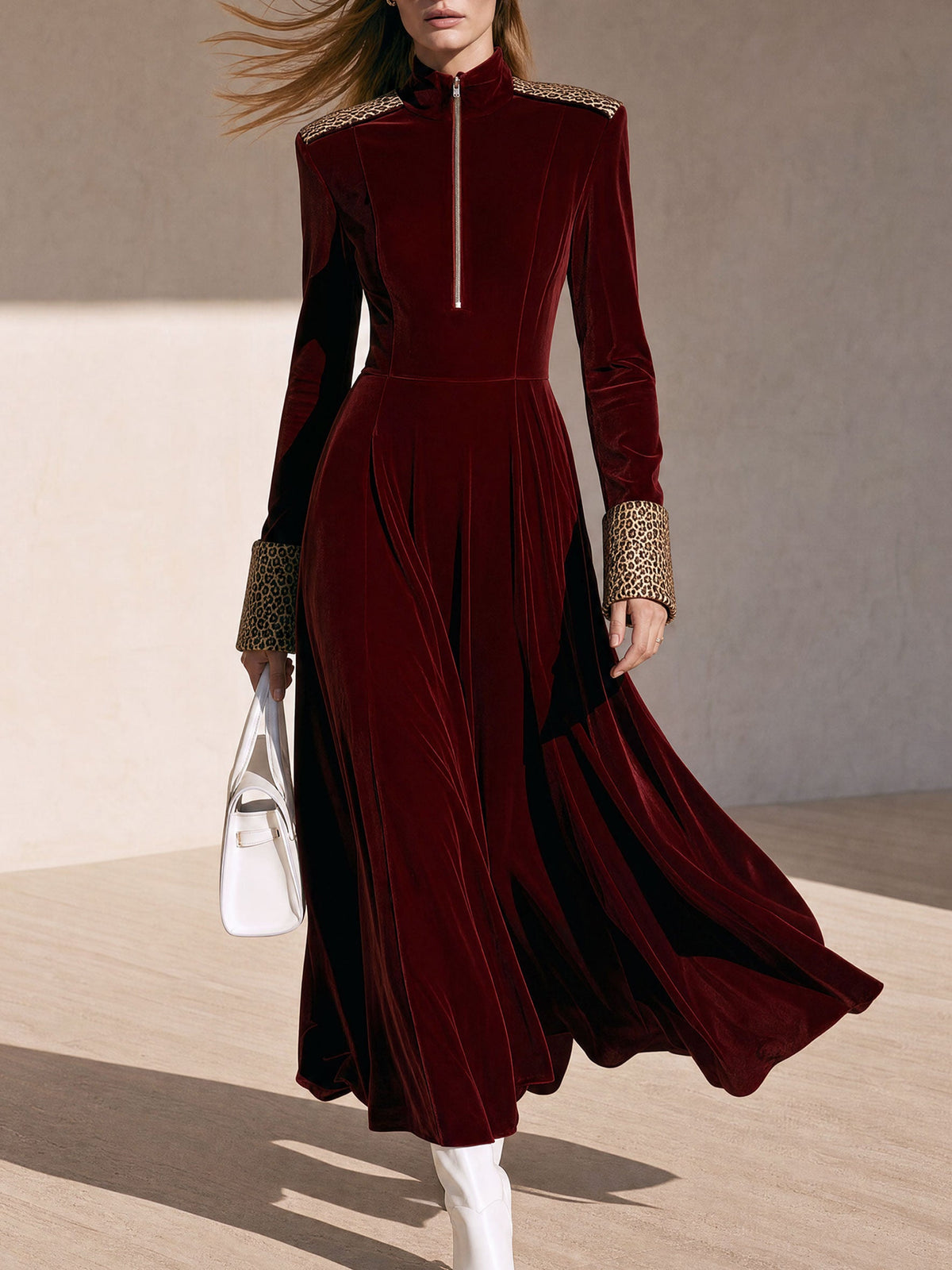 Odessa | Women's Half-Zip Leopard Patchwork Velvet Maxi Dress