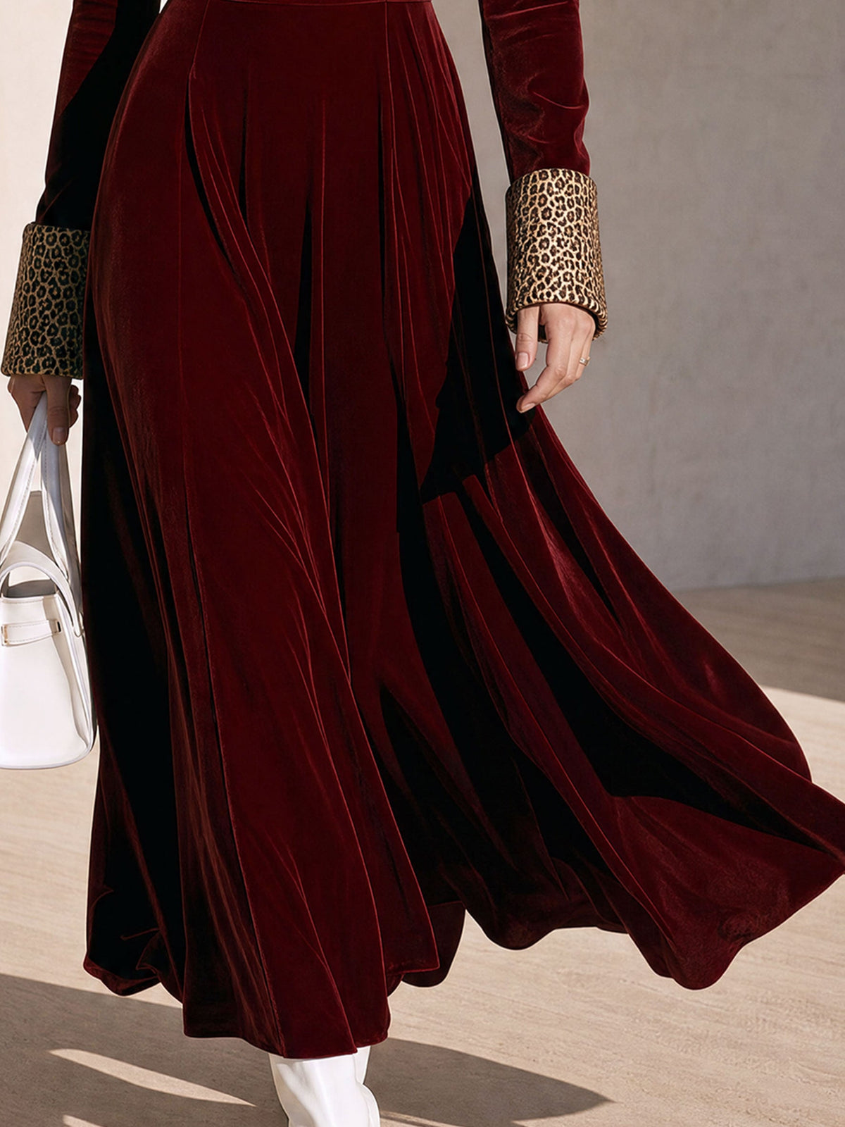 Odessa | Women's Half-Zip Leopard Patchwork Velvet Maxi Dress