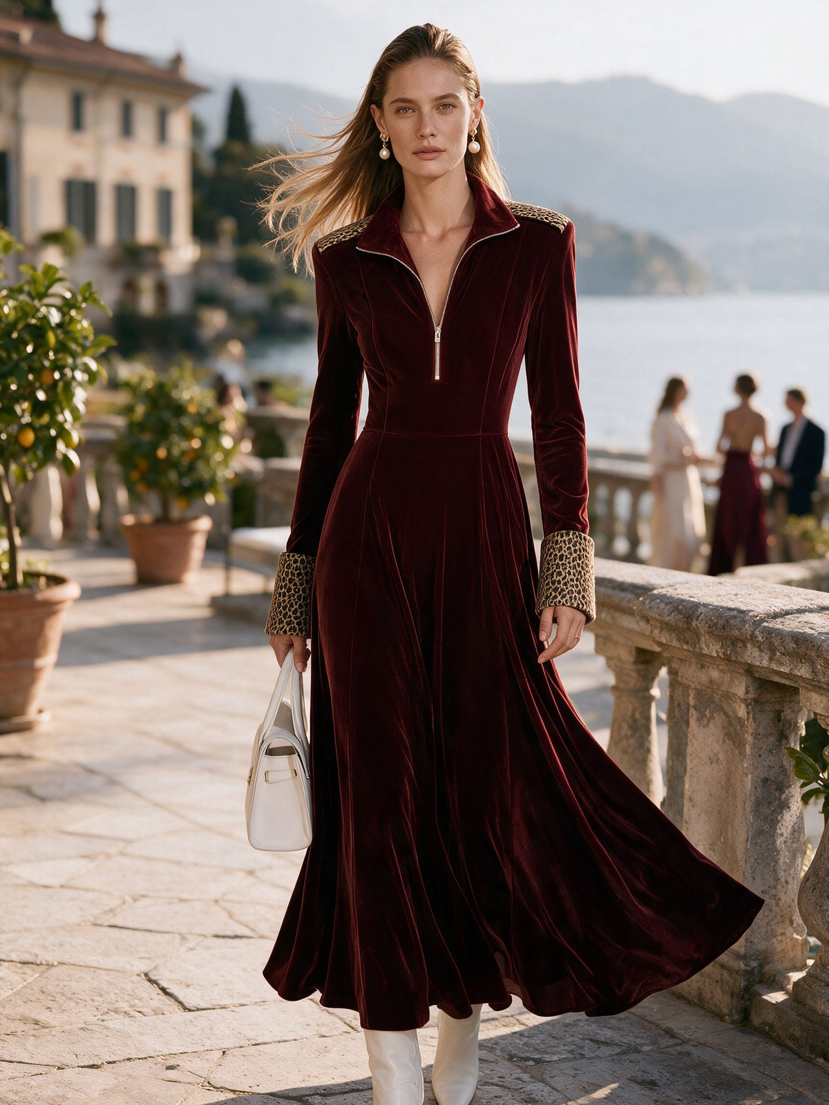 Odessa | Women's Half-Zip Leopard Patchwork Velvet Maxi Dress