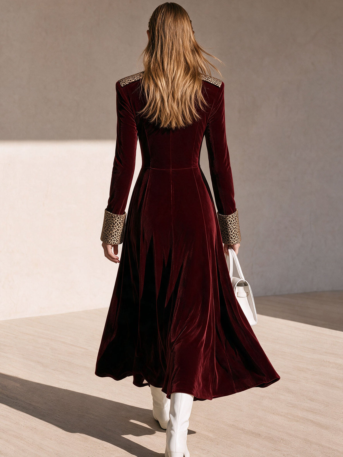 Odessa | Women's Half-Zip Leopard Patchwork Velvet Maxi Dress