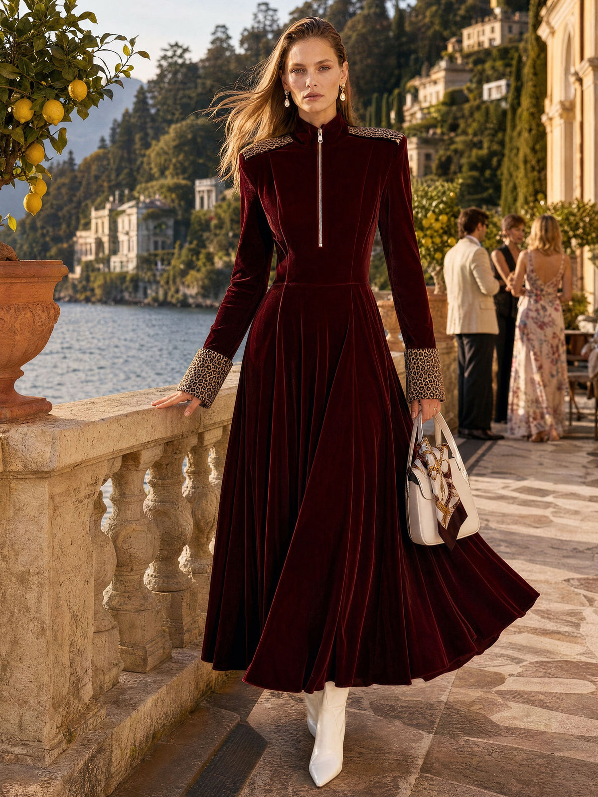 Odessa | Women's Half-Zip Leopard Patchwork Velvet Maxi Dress