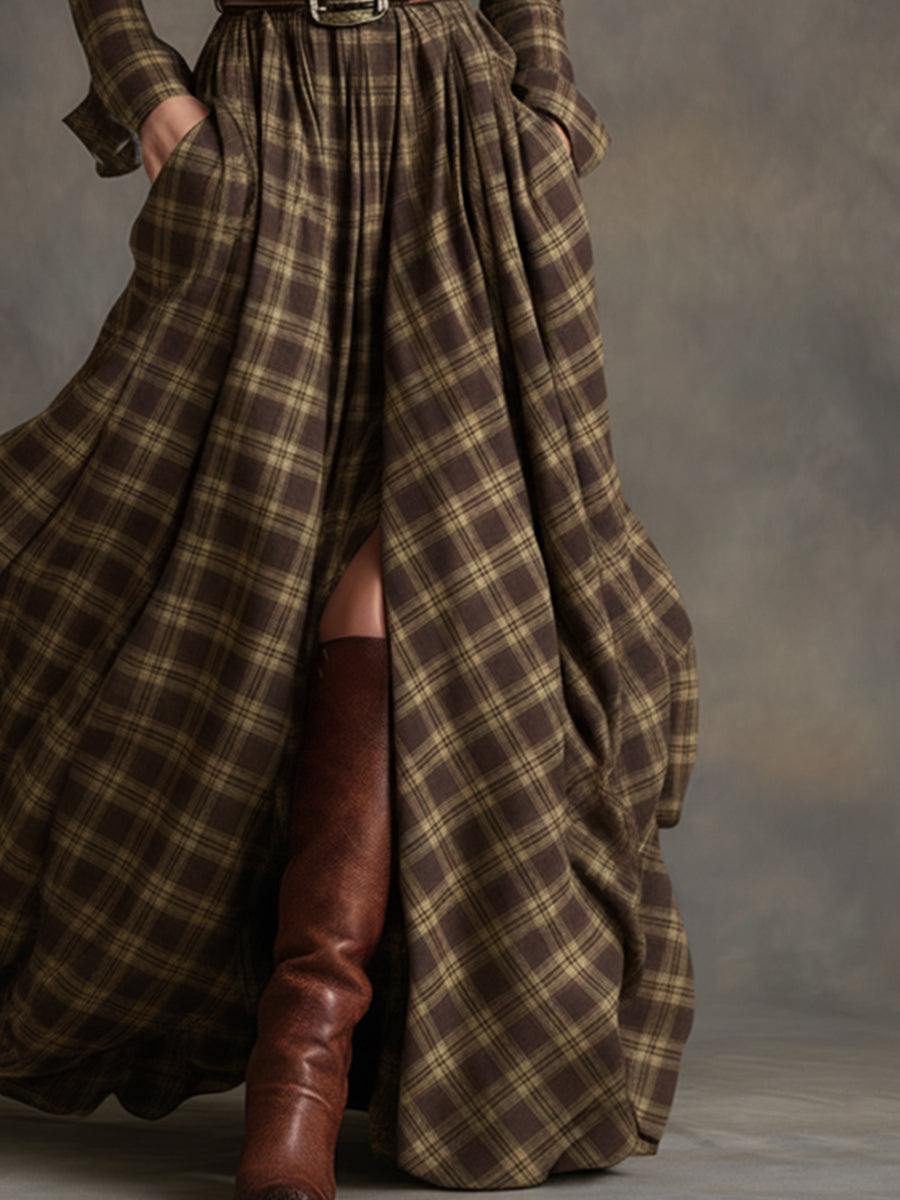 Johanna | Women's Retro Plaid Lapel Maxi Dress