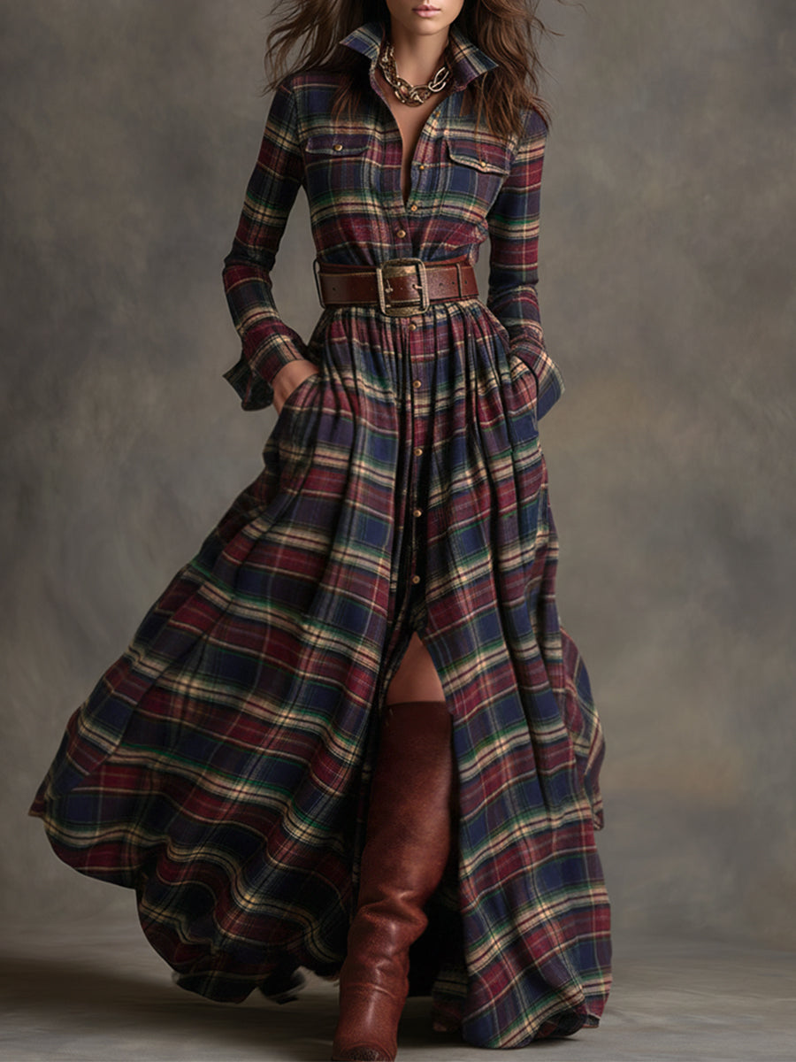 Johanna | Women's Retro Plaid Lapel Maxi Dress