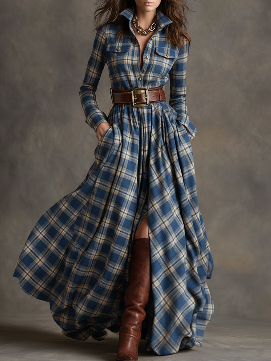 Johanna | Women's Retro Plaid Lapel Maxi Dress
